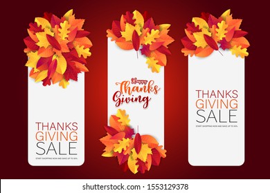 Thanksgiving banner set design. Fall november traditional american holiday. Sticker with red and orange leaves. Party night inviration. Weekend shopping event. Vector illustration.
