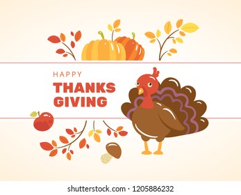 Thanksgiving banner template with funny cartoon turkey, orange pumpkins, red apple, mushroom and colorful autumn leaves. Card for thanksgiving holiday on light background. Flat vector illustration.