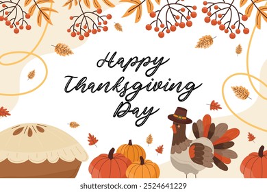 Thanksgiving banner - turkey, apple pie, autumn berries and leaves on white isolated background. Cute happy thanksgiving day illustration in vector flat style. For social media banners, cards, posters