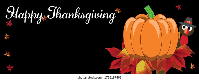 Thanksgiving banner. Turkey hat peeking behind pumpkins lying on colorful autumn leaves. Dark background. Frame with colored leaves.
