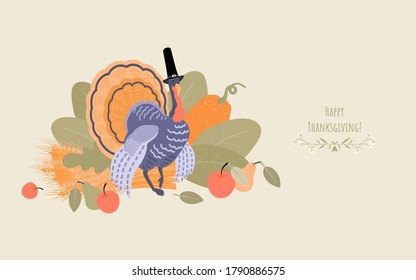 Thanksgiving banner with a turkey wearing a pilgrim hat on a background of plants. Illustration in flat style