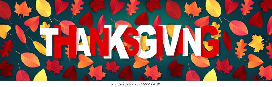 Thanksgiving banner, website header or newsletter cover. Red and orange fall leaves realistic vector illustration with lettering.