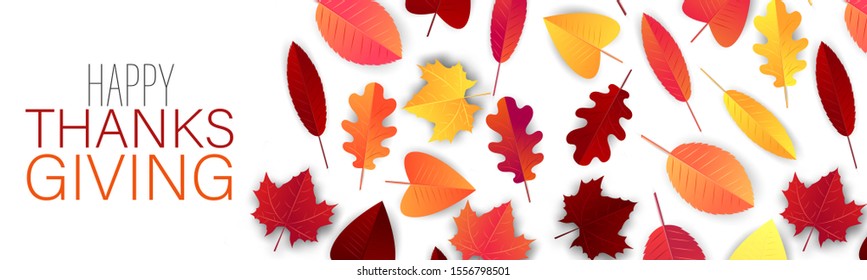 Thanksgiving banner, website header or newsletter cover. Red and orange fall leaves realistic vector illustration with lettering.