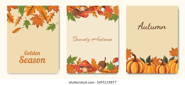 Thanksgiving banners with leaves, mushrooms, acorns and pumpkins in warm autumn colors. Greeting cards, ideal for printing, flyers, posters, invitations. Trendy autumn vector designs.