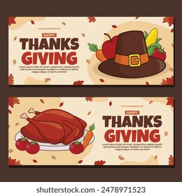 Thanksgiving banners set horizontal with turkey and pilgrim hat vector illustration