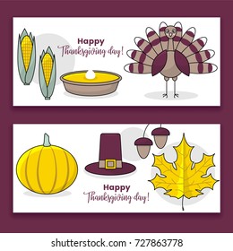 Thanksgiving banners, set of vector design with turkey and pumpkin