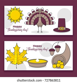 Thanksgiving banners, set of vector design with turkey and pumpkin pie