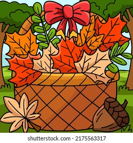 Thanksgiving Basket Autumn Leaves Colored Cartoon