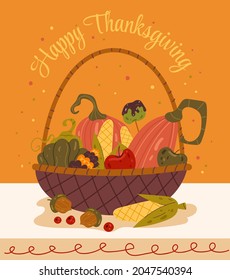 Thanksgiving basket with autumn pumpkin vector flat graphic design illustration