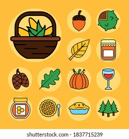 thanksgiving and basket icon set over yellow background, line and fill style, vector illustration