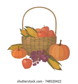 thanksgiving basket with seasonal fruit and vegetables vector illustration isolated on white