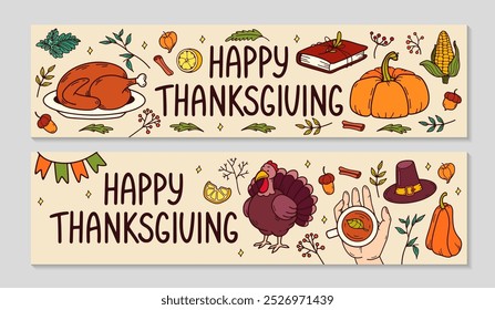 Thanksgiving Billboard set. Horizontal invitation background. Cozy Autumn doodle elements Turkey, pumpkin, flags, leaves, hat, acorns. Fall season banners template. Vector color illustration.