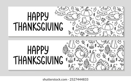 Thanksgiving Billboard set. Horizontal invitation background. Cozy Autumn doodle pattern. Turkey, pumpkin, flags, leaves, hat, acorns. Fall season banners template. Vector outline illustration.