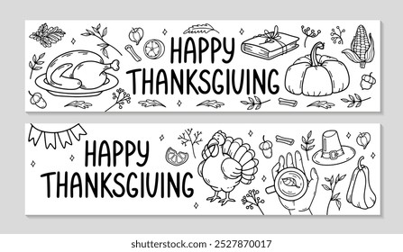 Thanksgiving Billboard set. Horizontal invitation background. Cozy Autumn doodle elements Turkey, pumpkin, flags, leaves, hat, acorns. Fall season banners template. Vector outline illustration.