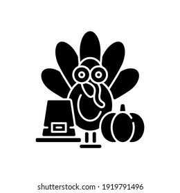 Thanksgiving black glyph icon. Festive occasion. Traditional family party. Seasonal gathering. Poultry, turkey, fowl for holiday dinner. Silhouette symbol on white space. Vector isolated illustration