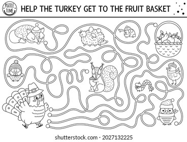 Thanksgiving black and white maze for children. Autumn line holiday preschool printable activity. Fall outline labyrinth game or puzzle with cute bird, apples, animals. Help turkey get to basket
