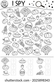 Thanksgiving black and white I spy game for kids. Searching and counting activity or coloring page with turkey, pumpkin. Funny autumn printable worksheet for kids. Simple fall line puzzle.
