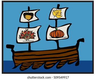 Thanksgiving Boat-cute depiction of key Thanksgiving elements.Turkey, pumpkin, fall leaf and acorn.All hand-drawn and converted to EPS so that you may edit the image as you see fit.
