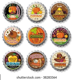 Thanksgiving bottle caps with colorful leaves, pumpkin, pear, apple, berries, pumpkin pie, turkey. Can be used as buttons.