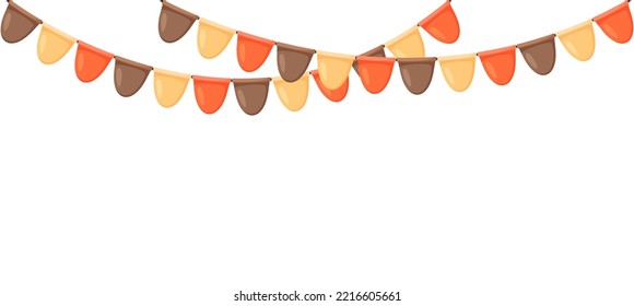 Abundancia de Acción de Gracias. Mariscos de bandera naranja, marrón y beige. Decoración de fiestas de otoño. Cadenas de desertores. Banderas de dibujos animados para la celebración de la decoración. Fondo del pie y del banner