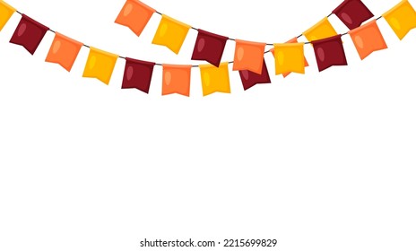 Thanksgiving bunting. Orange, red and yellow flag garland. Autumn holidays party decoration. Fall pennants chain.Celebration cartoon flags for decor. Footer and banner background