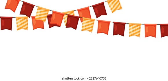 Abundancia de Acción de Gracias. Mariscos de bandera naranja, roja y amarilla. Decoración de fiestas de otoño. Cadenas de desertores. Banderas de dibujos animados para la celebración de la decoración. Fondo del pie y del banner