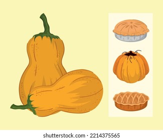 thanksgiving cake and pumpkin, icon set