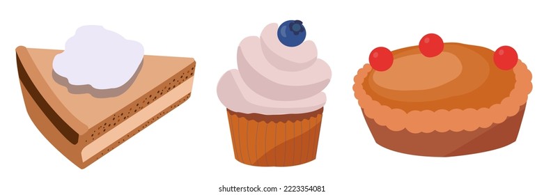 Thanksgiving cakes with cherry and blueberry in vector technique on a white background