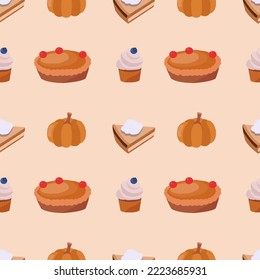 Thanksgiving cakes seamless vector pattern on a yellow background