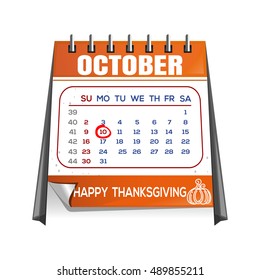 Thanksgiving calendar (Canada). Page quarterly calendar with holiday date. October 10th. Autumn 2016. Happy Thanksgiving Day. Vector illustration