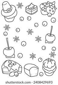 Thanksgiving, caramel apples, cookies, muffins, brownies, spices. Background, coloring page. Black and white vector illustration.