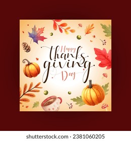 Thanksgiving card. Autumn background with hand drawn watercolor leaves template