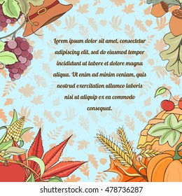Thanksgiving card can be used for can be used for holiday cards, invitation, postcard or website. Autumn bright flyer. Holiday design of pumpkin, apple, pie, corn, hat, grapes, acorn
