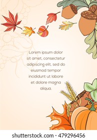 Thanksgiving card can be used for can be used for holiday cards, invitation, postcard or website. Autumn bright flyer. Holiday design of pumpkin, apple, pie, corn, hat, grapes, acorn