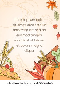 Thanksgiving card can be used for can be used for holiday cards, invitation, postcard or website. Autumn bright flyer. Holiday design of pumpkin, apple, pie, corn, hat, grapes, acorn