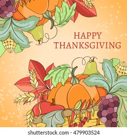 Thanksgiving card can be used for can be used for holiday cards, invitation, postcard or website. Autumn bright flyer. Holiday design of pumpkin, apple, pie, corn, hat, grapes, acorn