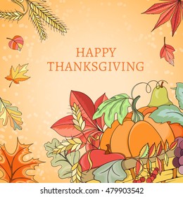 Thanksgiving card can be used for can be used for holiday cards, invitation, postcard or website. Autumn bright flyer. Holiday design of pumpkin, apple, pie, corn, hat, grapes, acorn