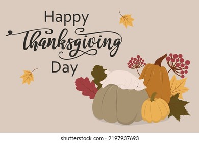 Thanksgiving card with cat. Vector illustration