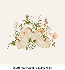 Thanksgiving card. Composition with pumpkins and flowers. Vector botanical illustration.