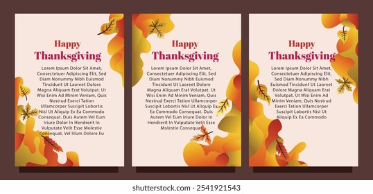 Thanksgiving Card Concept with Autumn Leaves and Liquid Background. print size set of thansgiving card template concept. liquid abstract background with autumn leaves vector illustration