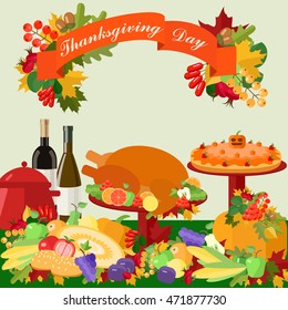 Thanksgiving card with congratulations on the background of the festive table
