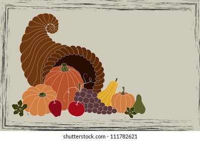 Thanksgiving card with cornucopia full of food