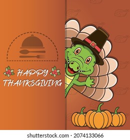 Thanksgiving card with Crocodile Character Design. Happy Thanksgiving. Perfect For greeting card, Poster or Flyer Celebration Design. Vector illustration.