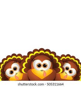 Thanksgiving Card Design Template. Three funny turkey on white background. 