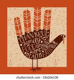  thanksgiving card design with theme message and cute hand print turkey