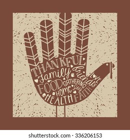  thanksgiving card design with theme message and cute hand print turkey