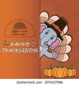 Thanksgiving card with Elephant Character Design. Happy Thanksgiving. Perfect For greeting card, Poster or Flyer Celebration Design. Vector illustration.