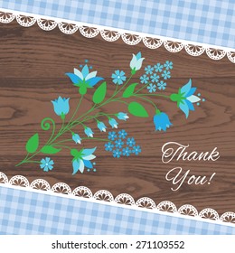 Thanksgiving card. Floral design element, text, chequered pattern with lace border isolated on wooden background. Vector illustration. 