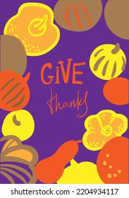 Thanksgiving Card, Happy Thanksgiving Background, Thanksgiving Text, Giving Thanks, Colorful Thanksgiving Background, Pumpkin Icon Autumn Fall Leaves Vector Illustration Background