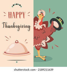 Thanksgiving card. Happy cute funny turkey with traditional elements for celebration thanksgiving day. Invitation template for banner, poster, greeting card. Vector cartoon illustration